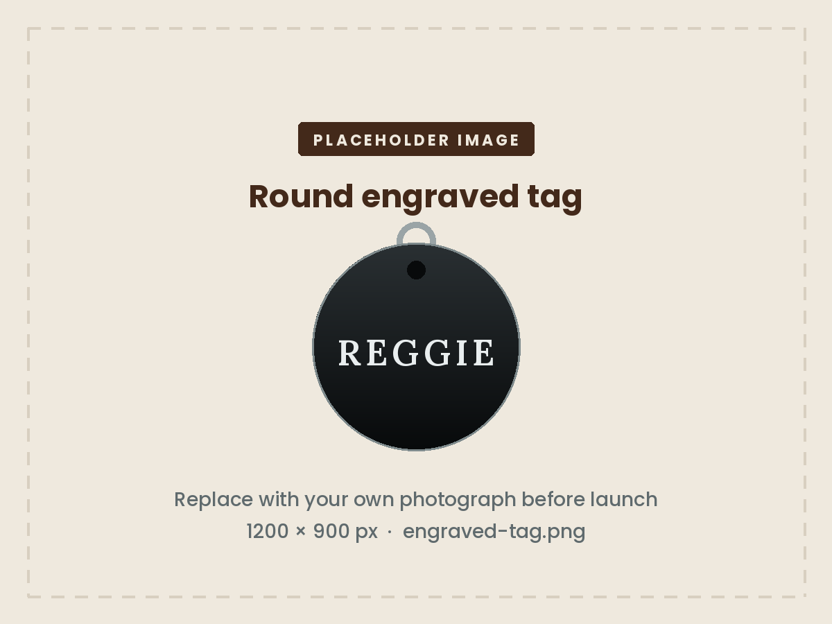 A round black anodised aluminium dog tag with REGGIE engraved in bright silver lettering.